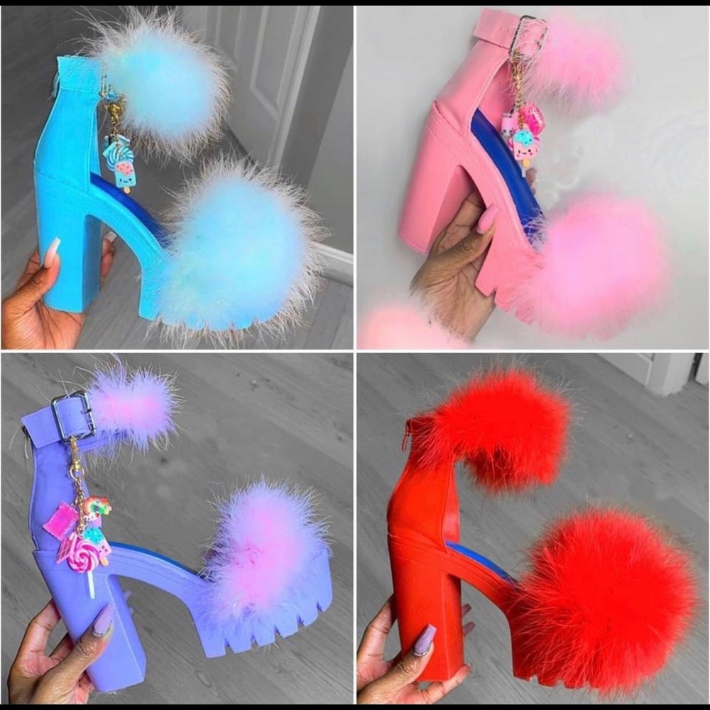 Fur Chunky Heel Sandals (PINK)